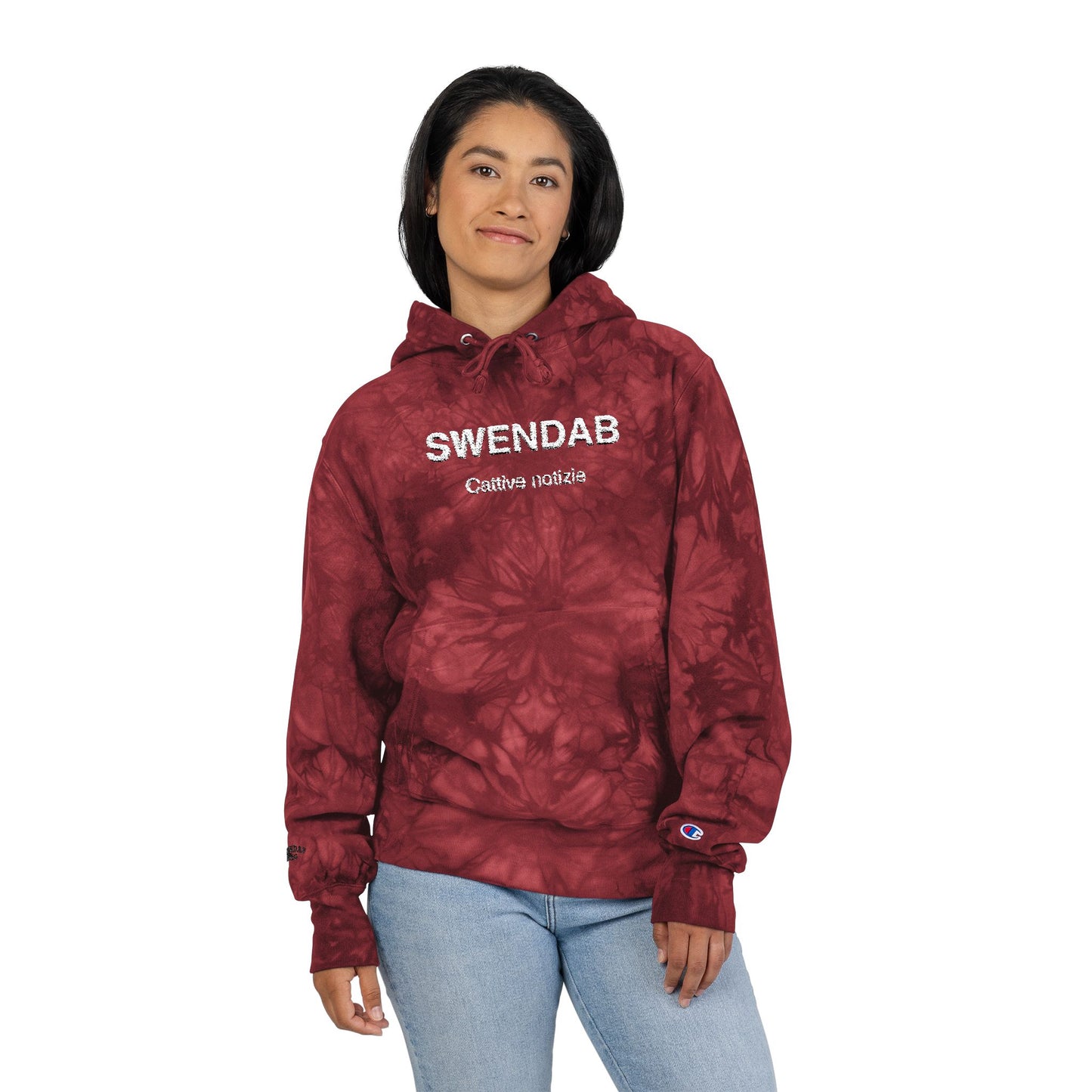 Embroidered Tie-Dye Hoodie — "SWENDAB CATTIVE NOTIZIE" Champion Reverse Weave