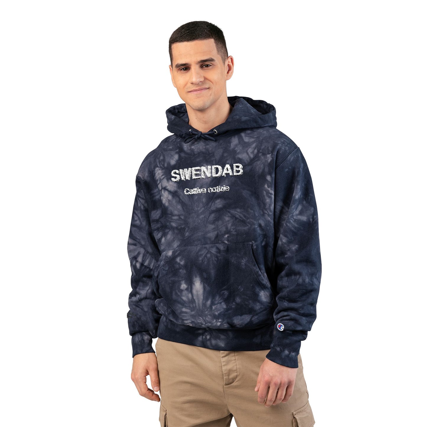 Embroidered Tie-Dye Hoodie — "SWENDAB CATTIVE NOTIZIE" Champion Reverse Weave