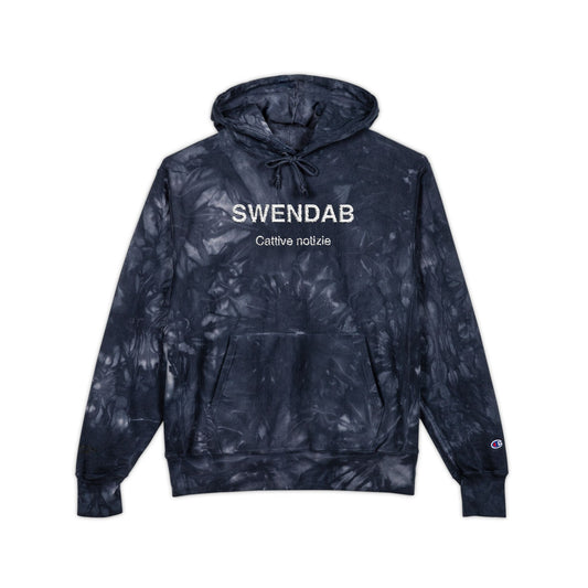 Embroidered Tie-Dye Hoodie — "SWENDAB CATTIVE NOTIZIE" Champion Reverse Weave
