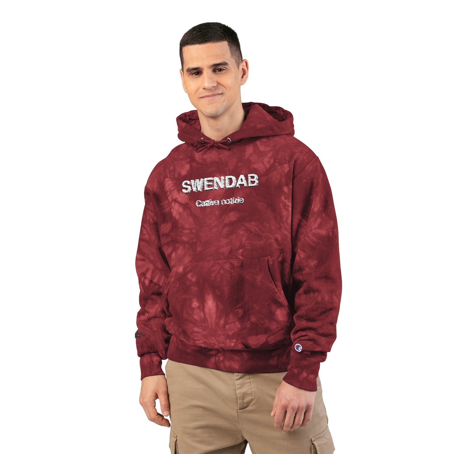 Embroidered Tie-Dye Hoodie — "SWENDAB CATTIVE NOTIZIE" Champion Reverse Weave